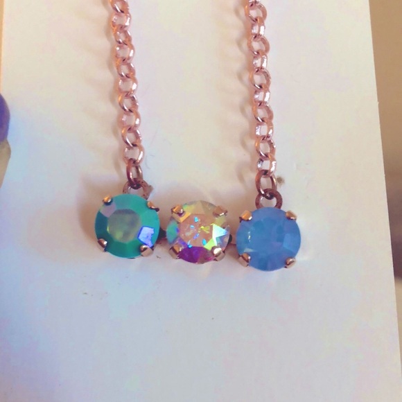 Iridescent Turquoise, Light Sapphire Opal +AB Crystal Bar Necklace - Picture 8 of 11